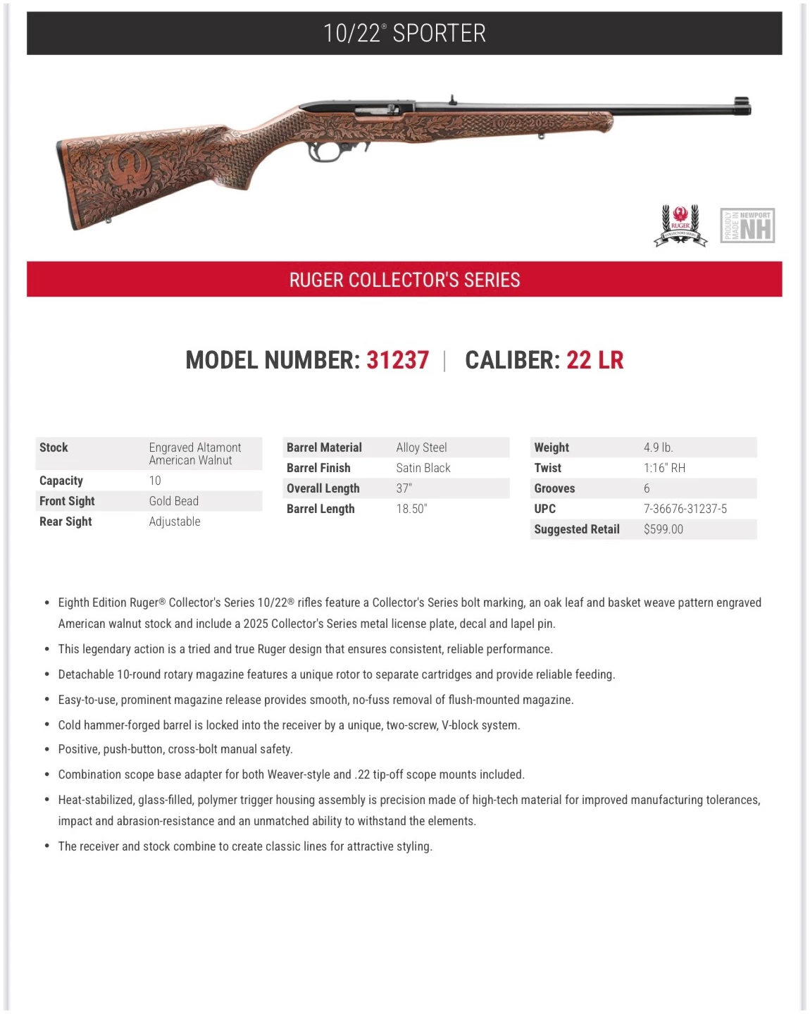Ruger 10/22 SPORTER COL SERIES 22LR 31237 22 LR - Image 5