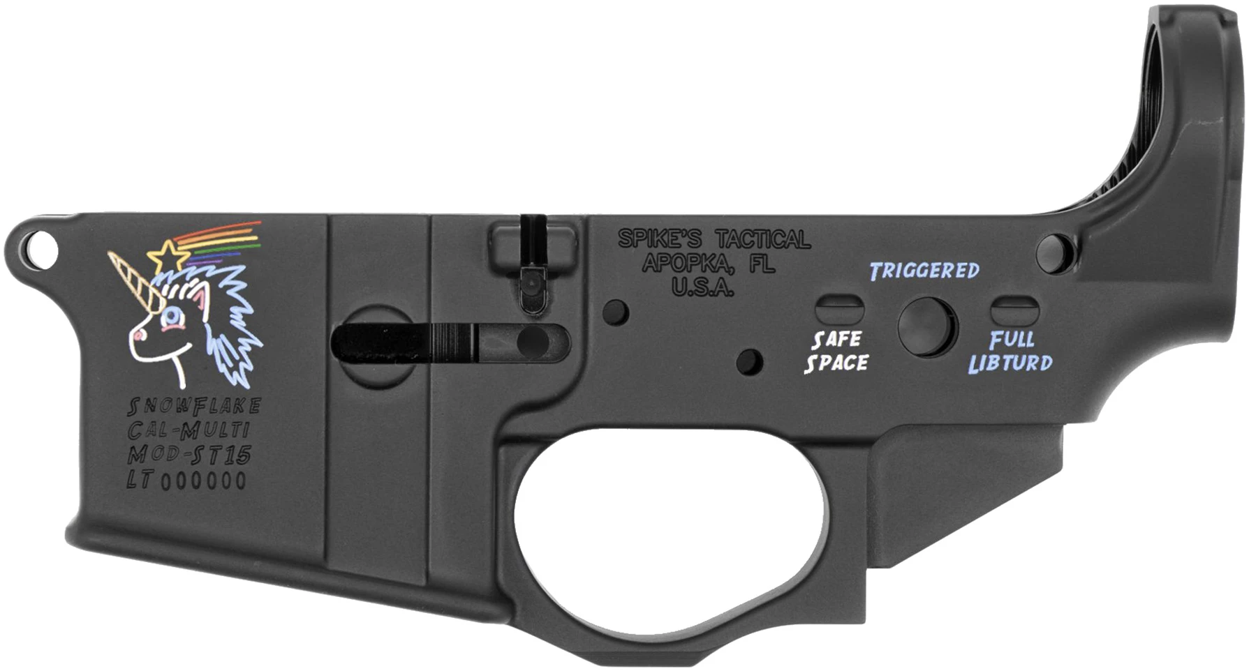 Spikes STLS030CFA Snowflake Stripped Lower Receiver Multi-Caliber 7075-T6 Aluminum Black Anodized with Color Fill for AR-15