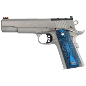 Colt Competition Optics-Ready 1911 9mm 5-inch stainless pistol with Novak fiber optic sight and blue G10 grips