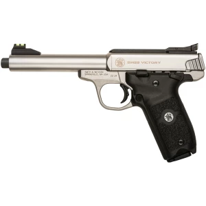 Smith & Wesson SW22 Victory stainless pistol with 5.5 inch threaded barrel and black polymer grips