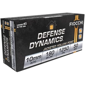 Fiocchi Defense Dynamics 10mm Auto 180 gr JHP ammunition box with 50 rounds