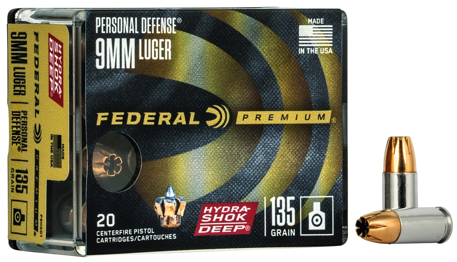 Federal Premium Hydra-Shok Deep 9mm 135gr Jacketed Hollow Point box, 20 rounds
