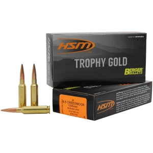 HSM Trophy Gold 6.5mm Creedmoor 130 gr Berger VLD Match ammunition box, 20 rounds