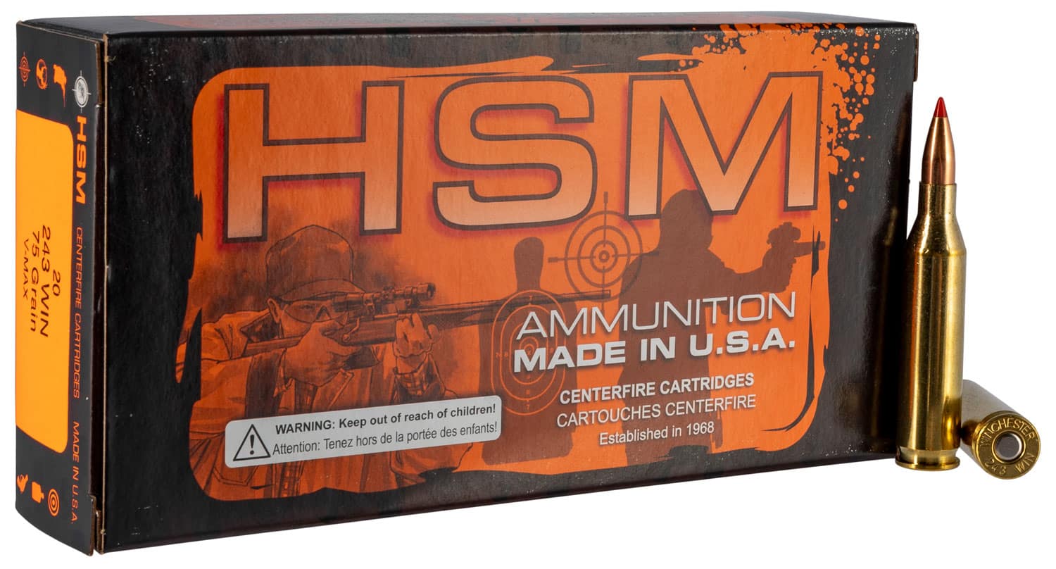 HSM Varmint .243 Win 75 gr V-Max ammunition box - 20 rounds