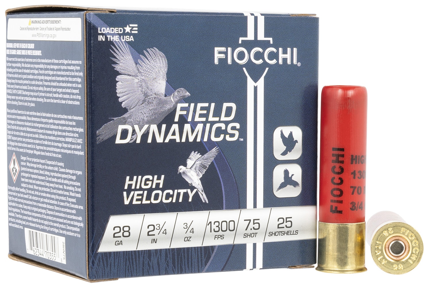 Fiocchi 28HV75 28 gauge 2.75" high velocity 3/4 oz #7.5 shot shells box