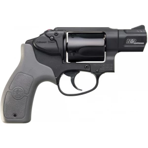 Smith & Wesson M&P Bodyguard 38 Special revolver with integrated Crimson Trace red laser and gray polymer grip