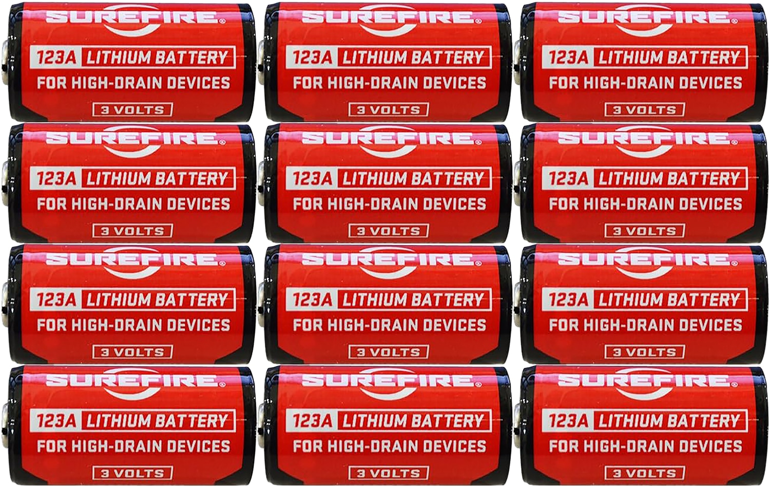 SureFire SF123A 12-pack 3.0V lithium batteries red and black clamshell