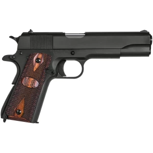 Auto-Ordnance 1911A1 GI 9mm pistol, 5-inch barrel, matte black finish, checkered wood grips with U.S. logo