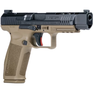 Canik METE SFx 9mm pistol with Flat Dark Earth frame and black slide with accessories