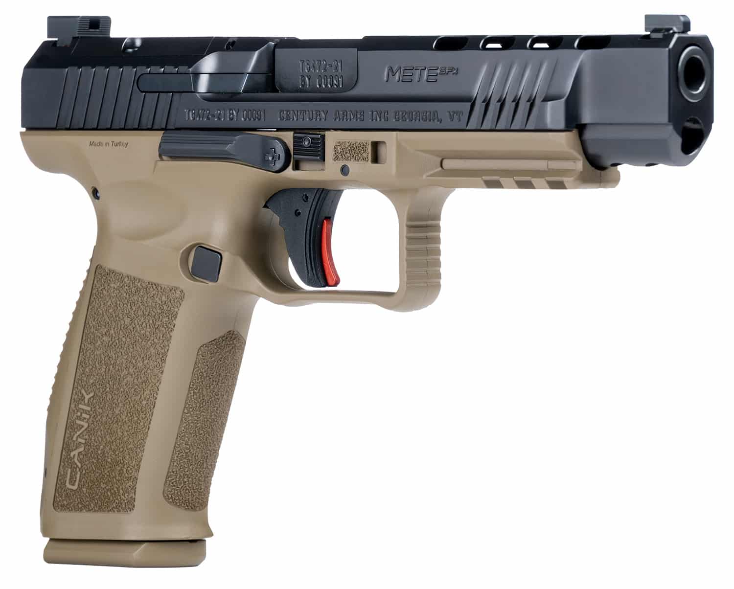 Canik METE SFx 9mm pistol with Flat Dark Earth frame and black slide with accessories