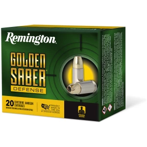 Remington Golden Saber Defense 9mm 124gr BJHP ammunition box and cartridges