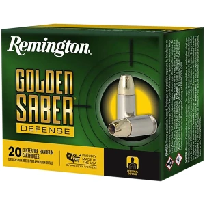 Remington Golden Saber Defense 10mm 180gr BJHP ammunition box and cartridges
