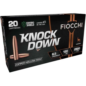 Box of Fiocchi Knock Down Enviro Shield 6.5 Creedmoor 120 gr Hollow Point ammunition, 20 rounds