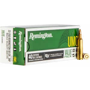 Remington UMC 22-250 Rem 50 gr JHP ammunition box and cartridges