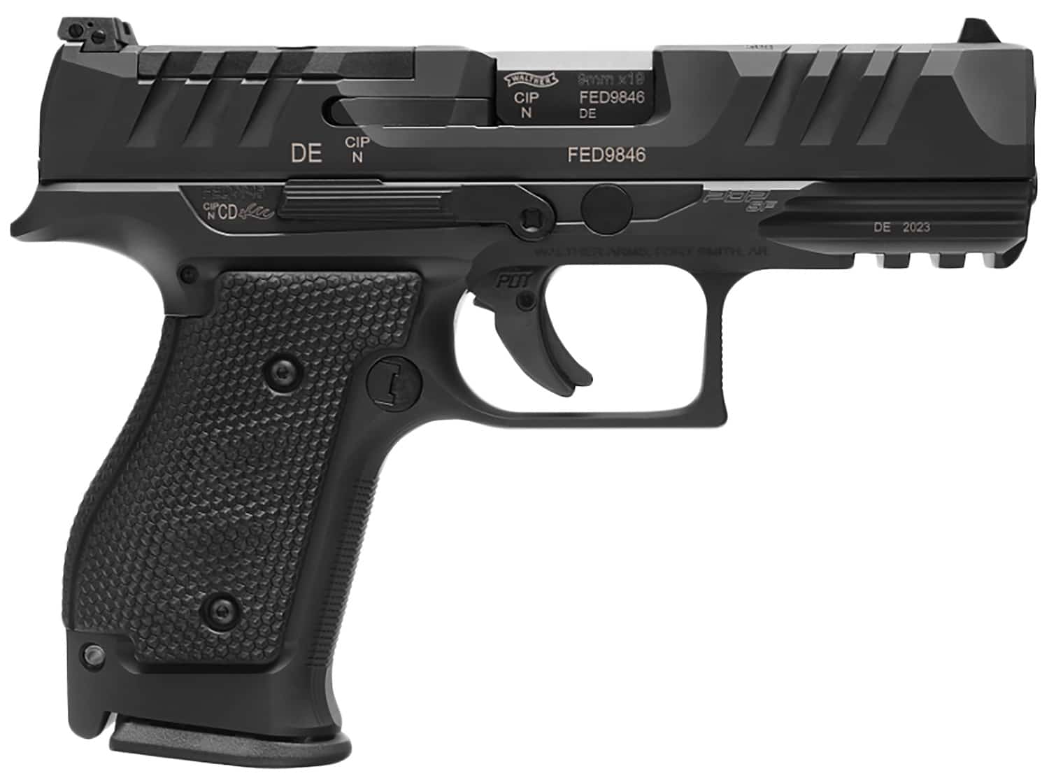Walther PDP SF Compact 9mm 4in steel-frame pistol in black with textured grip
