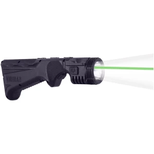 Viridian 4LUX 2K DUO angled foregrip weapon light with green laser mounted on M-LOK handguard