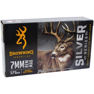 Box of Browning Silver Series 7mm Remington Magnum 175 gr plated soft point ammunition