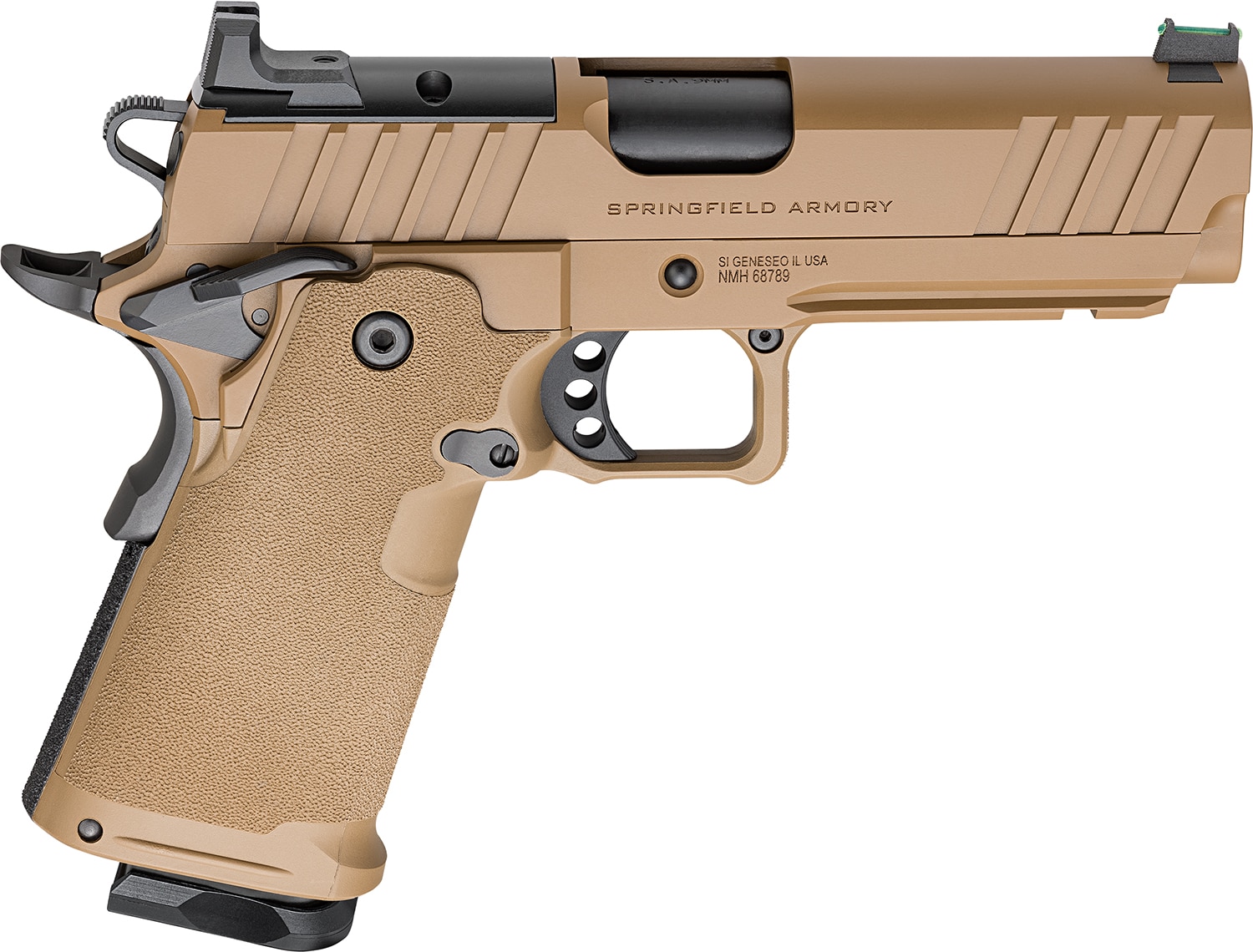 Springfield Armory 1911 DS Prodigy 9mm 4.25in Coyote Brown Cerakote with polymer grip and two 10-round magazines