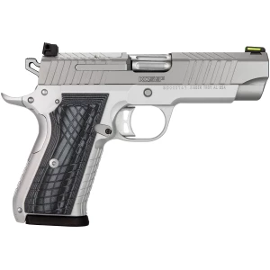 Kimber KDS9c 9mm pistol in KimPro Silver with gray and black G10 crosshatch grips