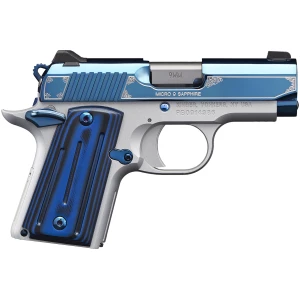 Kimber Micro 9 Sapphire 9mm pistol with bright blue PVD slide and satin silver aluminum frame