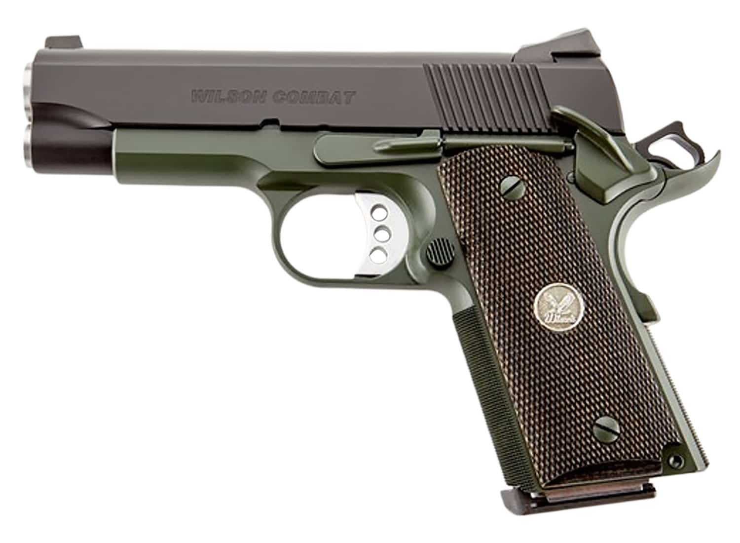 Wilson Combat CQB Compact 45 ACP 4-inch black slide with OG green frame and diamond wood grips
