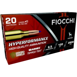 Fiocchi Hyperformance 6.5mm Creedmoor 120 gr Barnes Tipped TSX ammunition box and cartridges
