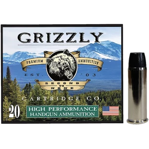 Grizzly Ammo box and .44 Magnum cartridges 300 gr wide flat nose gas check, 20 per box