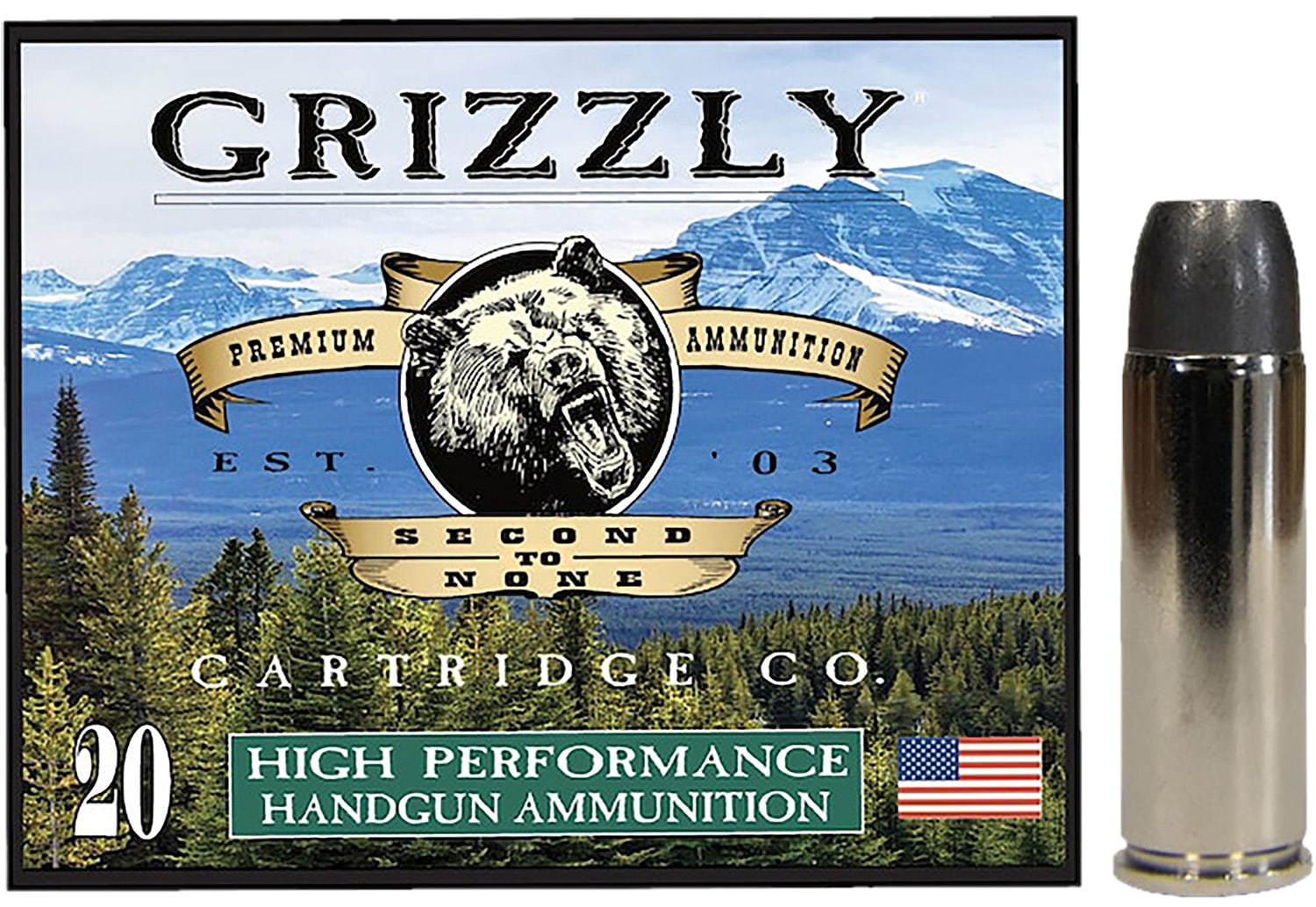 Grizzly Ammo box and .45 Long Colt 335 gr Wide Long Nose Gas Check cartridges