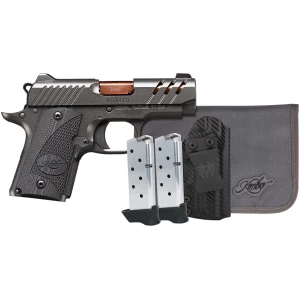 Kimber Micro 9 pistol with 3.15 inch Rose Copper TiN barrel, KimPro II Gray slide and Black G10 grips