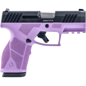 Taurus GX2 9mm pistol with light purple polymer frame and matte black slide, includes two magazines