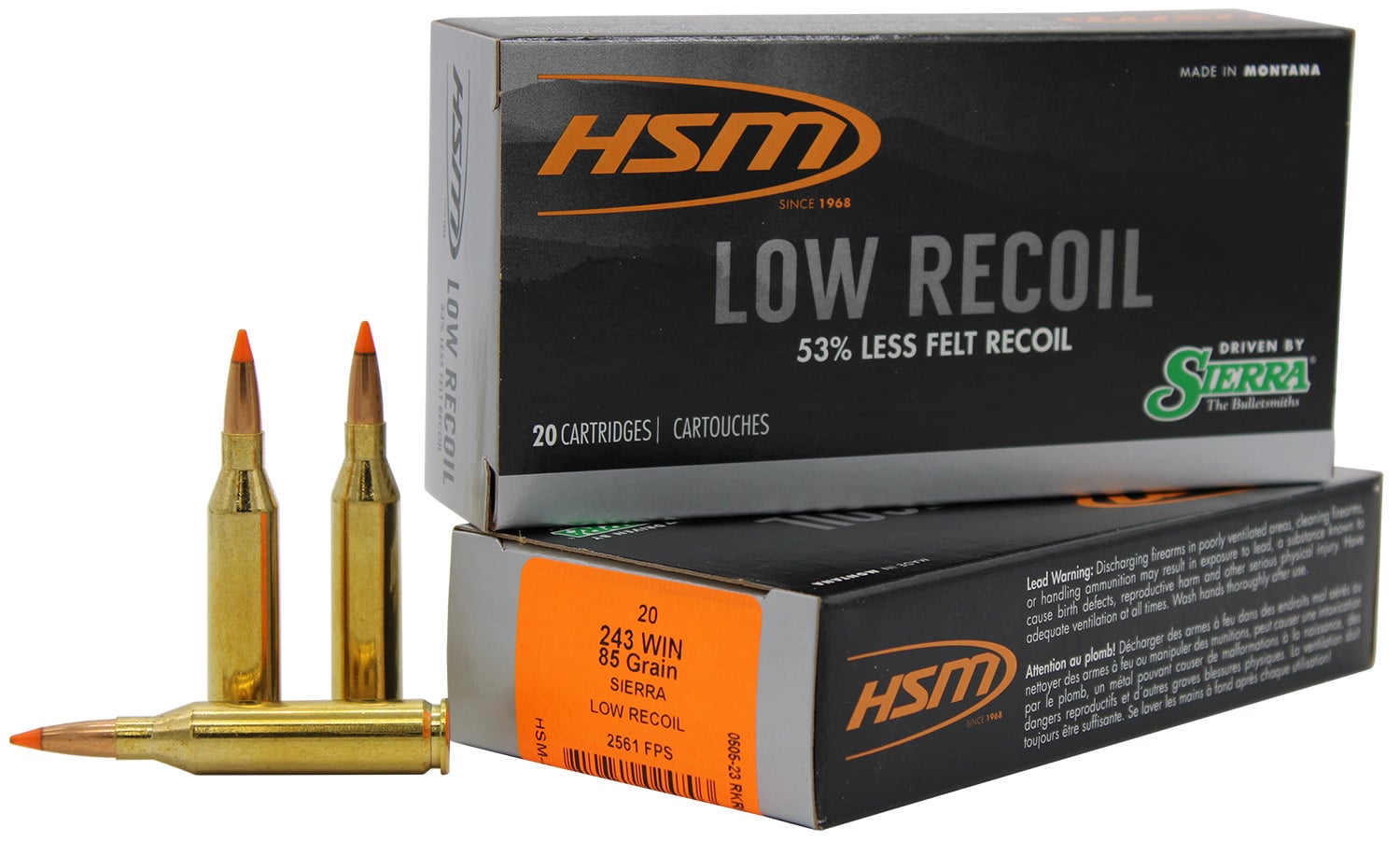 HSM Low Recoil .243 Winchester 85 gr 20rd box brass-cased ammunition
