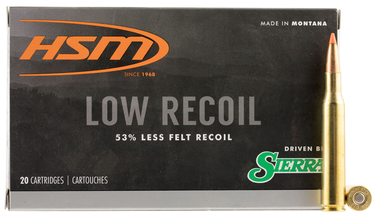 HSM 270 Win 130 gr Low Recoil ammo box with orange polymer tip, 20 rounds