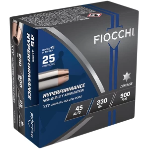 Fiocchi .45 ACP 230 gr Hornady XTP hollow point ammunition box of 25