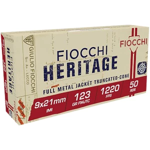 Fiocchi Heritage 9x21mm IMI 123 gr FMJ ammunition box, 50 rounds