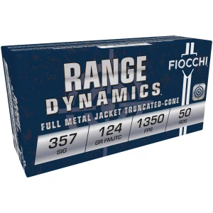 Fiocchi 357 Sig 124gr FMJ 50rd box brass-cased target ammunition