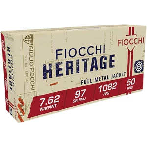 Fiocchi 7.62 Nagant FMJ 50-round box brass-cased handgun ammunition