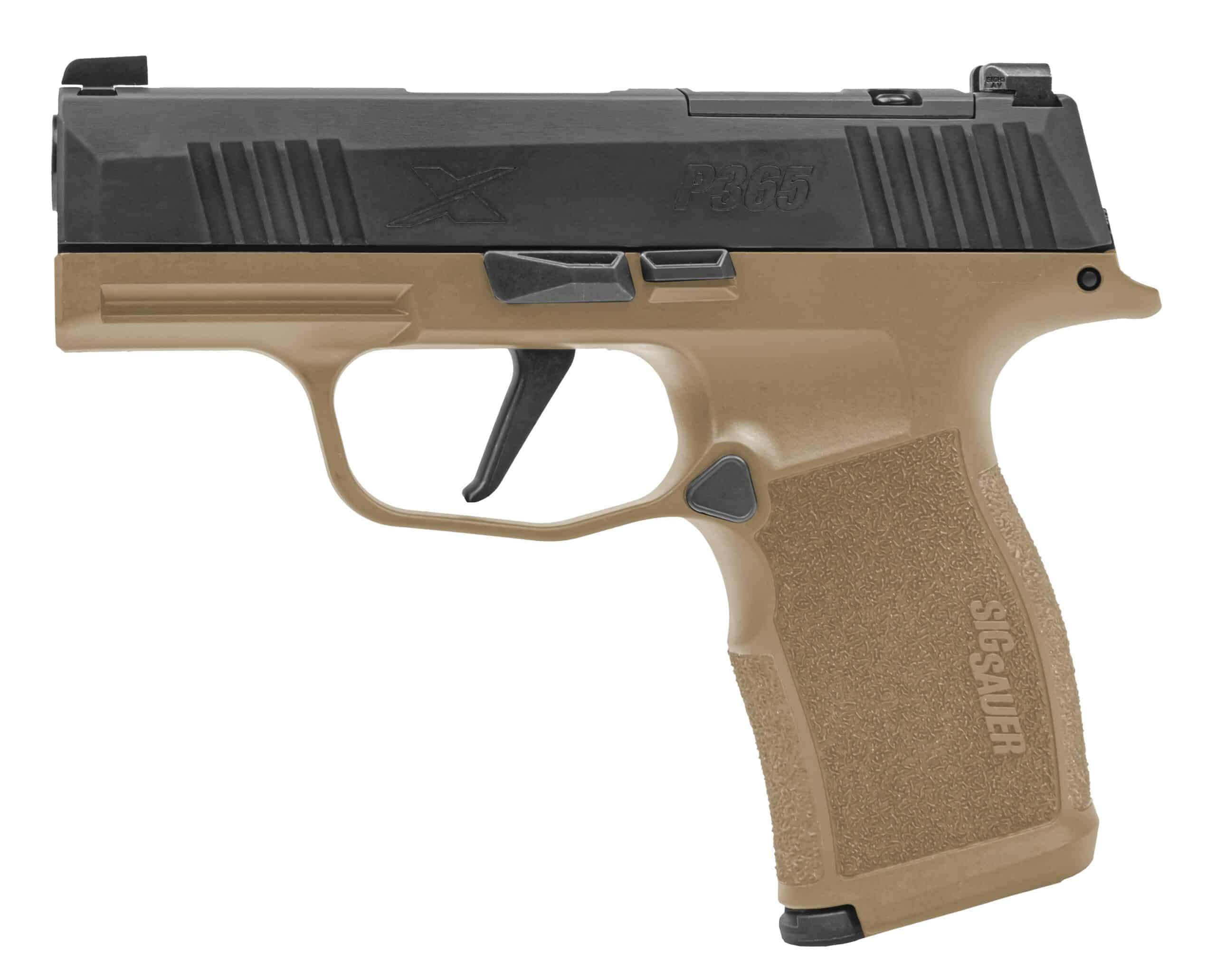 Sig Sauer P365X 9mm pistol with 3.10" barrel, coyote tan polymer frame and black stainless slide