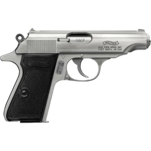 Walther PP Stainless pistol .32 ACP stainless finish left-side view with two magazines