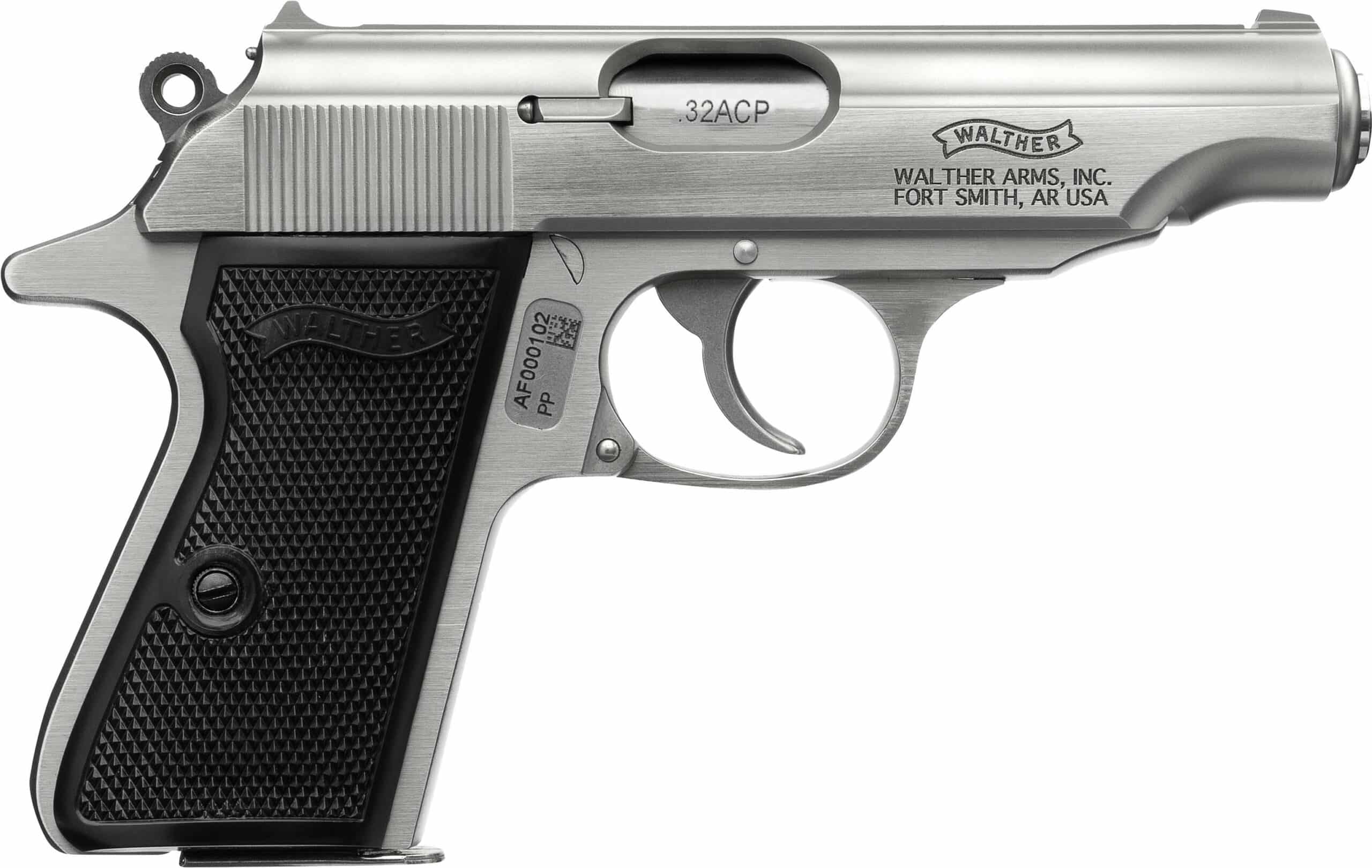 Walther PP Stainless pistol .32 ACP stainless finish left-side view with two magazines