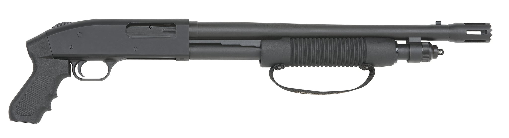 Mossberg 590 Cruiser 12ga 18.5in pump shotgun with black pistol grip, matte blued finish
