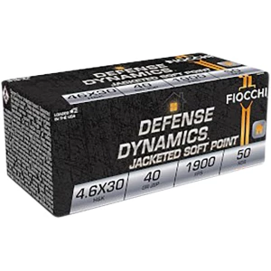 Fiocchi 4.6x30mm 40gr JSP ammunition box — 50 rounds, brass cases