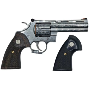 Colt Python 357 4.25 inch engraved stainless steel revolver with black and brown grips