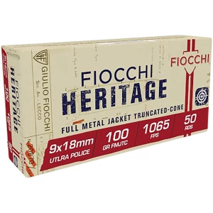 Box of Fiocchi 9x18 Ultra 100gr FMJ Truncated Cone ammunition, 50 rounds