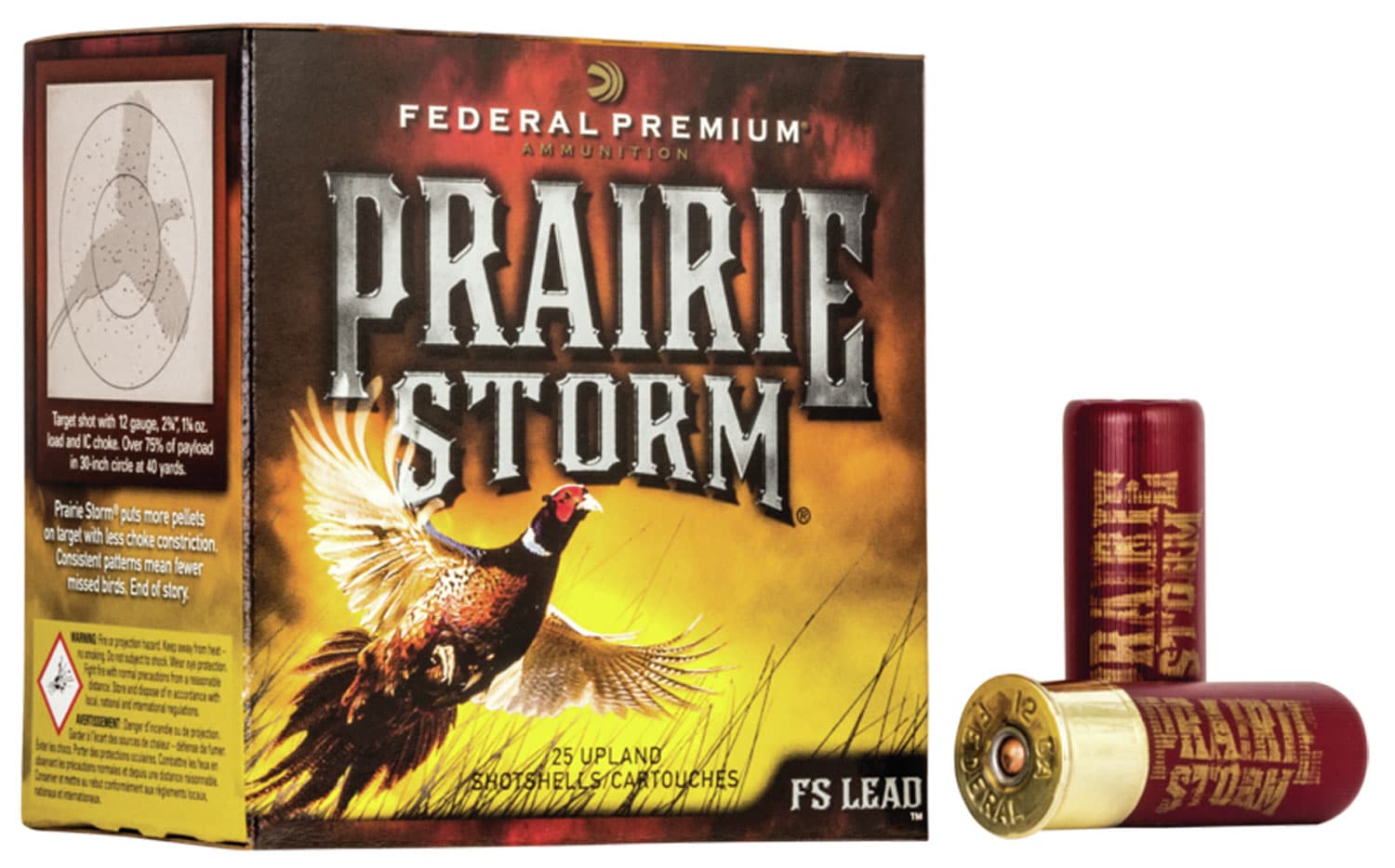 Federal Premium Prairie Storm FS Lead 12ga 2.75in #4 shotshell box, 25 rounds