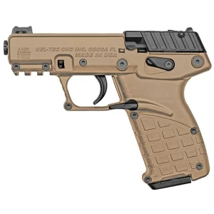 KelTec P17 .22 LR compact pistol in tan with threaded barrel and fiber-optic front sight