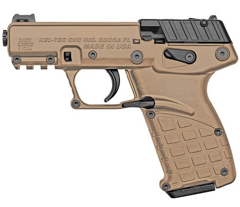 KelTec P17 .22 LR compact pistol in tan with threaded barrel and fiber-optic front sight