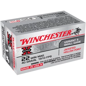 Box of Winchester Super-X .22 WMR 40 gr Jacketed Hollow Point ammunition, 50 rounds