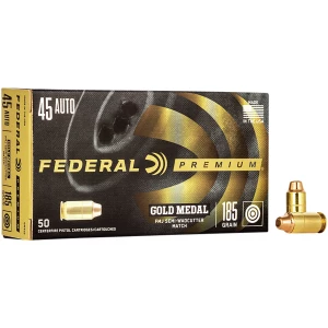 Box of Federal Gold Medal .45 ACP 185 gr FMJ-SWC match ammunition