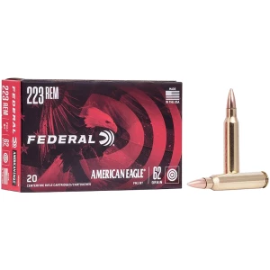 Federal American Eagle 223 Rem 62gr FMJBT 20rd box, brass-cased rifle ammunition