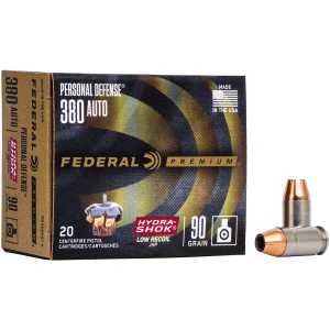 Box of Federal Premium Hydra-Shok .380 ACP 90 grain jacketed hollow point ammunition, 20 rounds